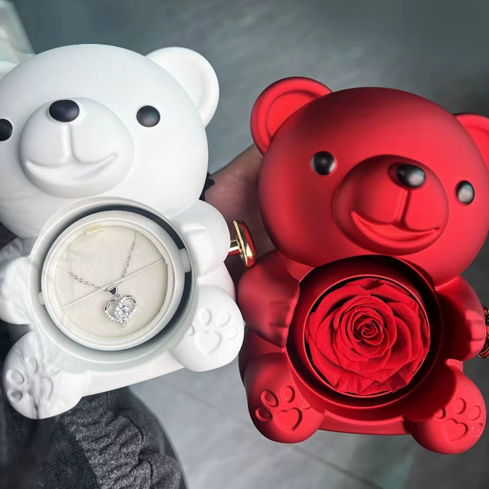 Creative Rotating Rose Jewelry Box Soap Flower Red Bear Gifts Box Necklace Storage Pink Ring Gift Case for Wedding