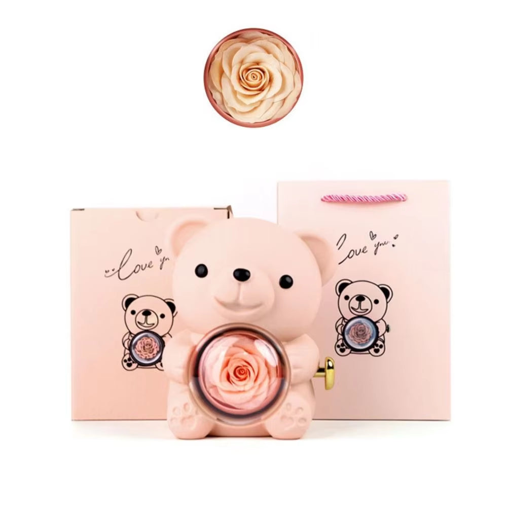 Creative Rotating Rose Jewelry Box Soap Flower Red Bear Gifts Box Necklace Storage Pink Ring Gift Case for Wedding