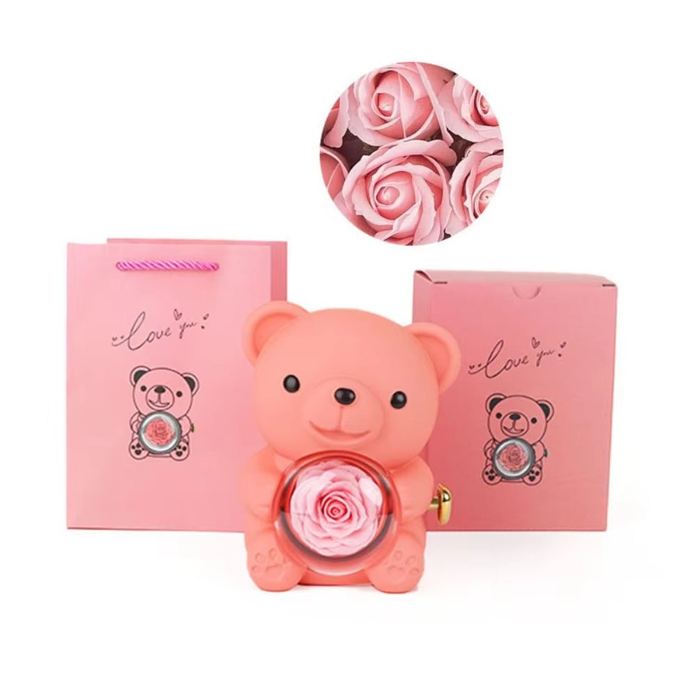 Creative Rotating Rose Jewelry Box Soap Flower Red Bear Gifts Box Necklace Storage Pink Ring Gift Case for Wedding